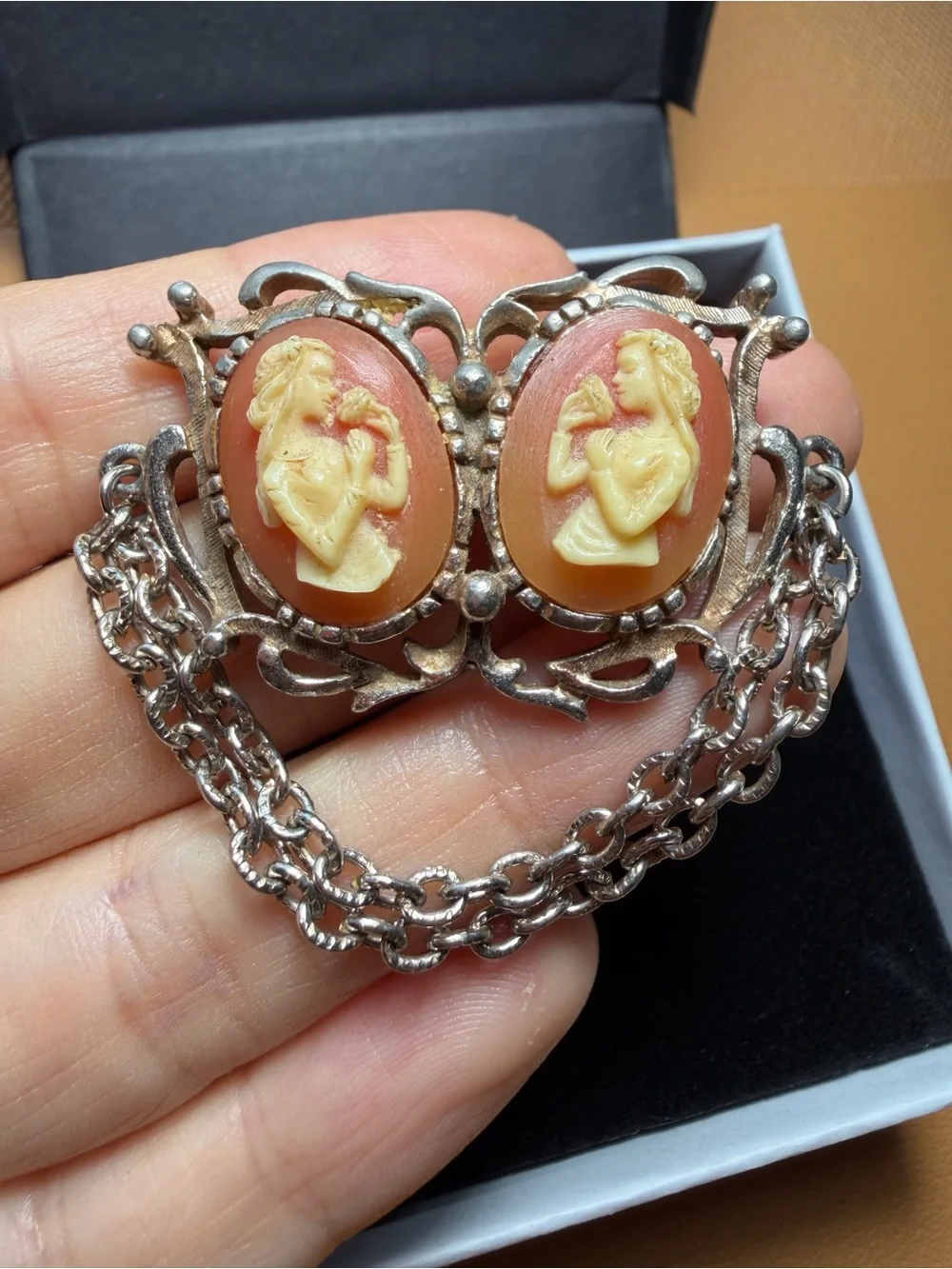 Vintage Mid-Century Double Cameo Sweater Guard Brooch Pin – Silver Tone Chatelai